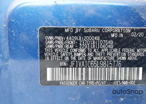 2020 Subaru Wrx Premium из США, поврежденный, VIN JF1VA1C65L9815776